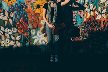 woman, wearing, blue, jeans, leaning, mural wall, girl, model, fashion, scarf, graffiti