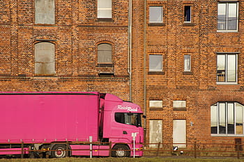 pink, freight truck, brown, concrete, building, daytime, industry, port, scale, memory, river