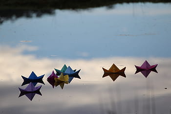 různé barevné papírové lodě, tělo, voda, během dne, papír, loď, barevný, origami, plovoucí