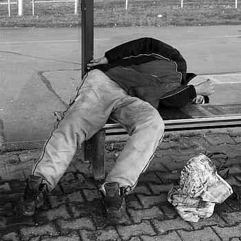 grayscale photography, man, lying, bench, homeless, sleeping, drunk, social, people, society, problems