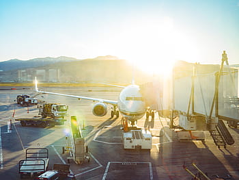 white, plane, gray, concrete, pavement, daytime, airport, airplane, transportation, runway, airline