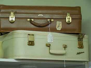 two, white, brown, leather luggage, shelf, leather, luggage, travel, suitcase, journey, bag