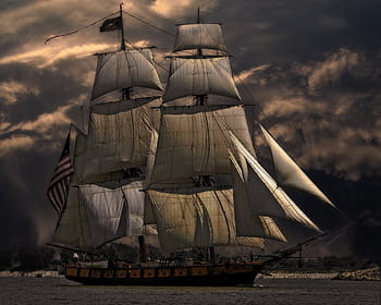 brown, white, pirate ship, body, water, sunset, vessel, boat, sea, nautical, sailboat