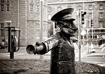 voják socha, chodník, ve stupních šedi, fotografie, socha, u, silnice, telefonní automat, stánek, zavolat, město