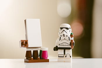 star wars stormtrooper figurine, action figure, art, color, cute, design, indoors, lego, star wars, storm trooper, table