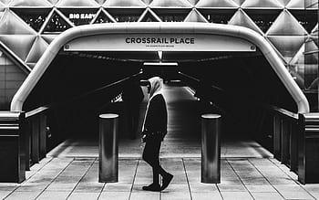people, walking, alone, man, male, guy, city, black and white, tunnel