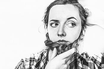 woman, black, white, shirt, grayscale photo, woman in black, white shirt, grayscale, people, whimsical, lazy
