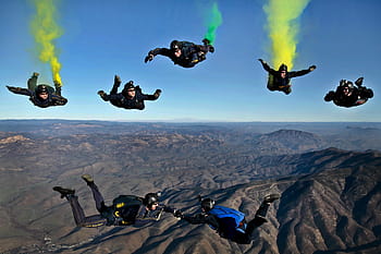 seven, persons sky, diving, parachutes, clear, blue, california, parachutists, skydivers, flares, colorful
