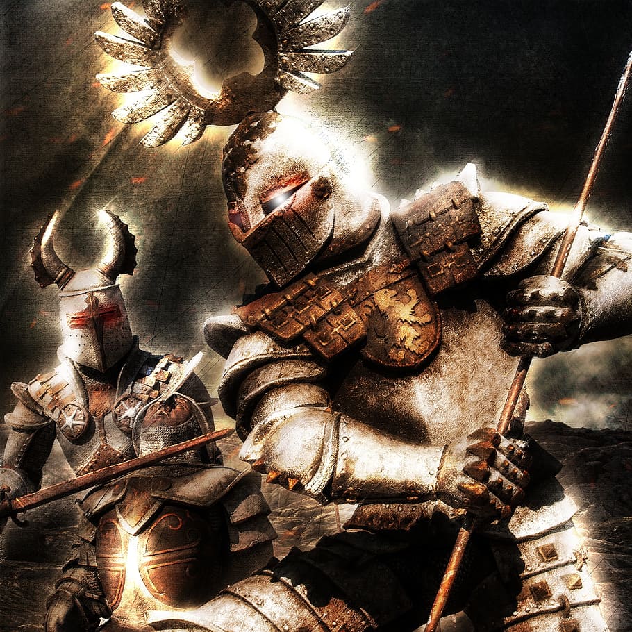 two, knights, fighting, gray, background, knight, fighter, fight, war, art, sculpture