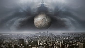 fantasy, city, sky, moon, ball, gloomy, clouds, apocalyptic, mood, fantastic, surreal