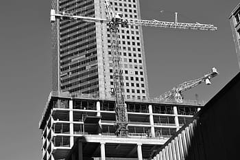 fotografie ve stupních šedi, budova, těžký, zařízení, parkoviště ve výstavbě, jeřáb, parkoviště, budov, Houston, texas, panoráma města