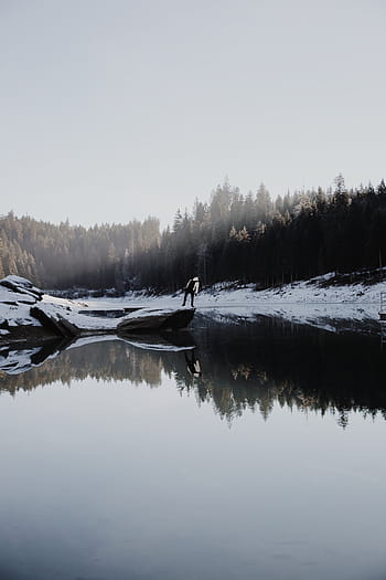 person, standing, rock, surrounded, body, water, nature, snow, winter, cold, weather