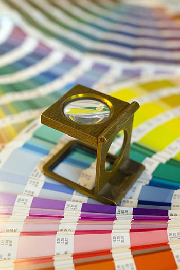 kwadratowa brązowa lupa, próbki, szkło powiększające, drukarka, Drukarnia, kolor, pantone, cmyk