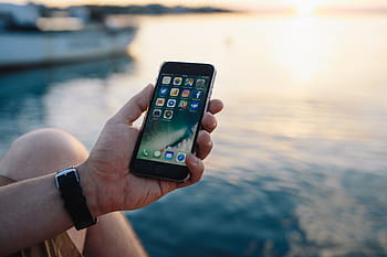 モバイル、 電話、 男、 手、 海、 携帯電話、 白人、 夏、 水、 技術、 iphone