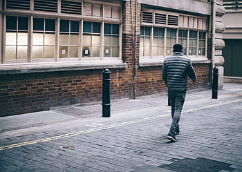 man, walking, road, wearing, gray, bubble, jacket, people, male, guy, alone