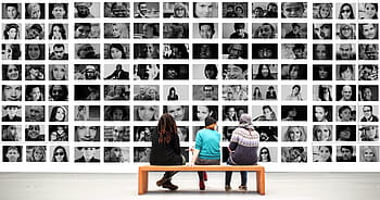 three, people, sitting, bench, front, collage photos, human, observer, exhibition, photo montage, faces