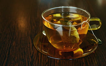 beige, glass tea cup, saucer, top, brown, wooden, surface, tee, teacup, tea bags, cup