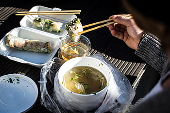 vietnamese takeaway, Vietnamese, takeaway, hands, noodles, pho, soup, spring rolls, food, chopsticks, japanese Culture