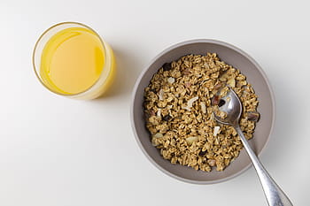 coup, bol, granola, verre, Frais, Orange, jus, aérien, du jus d'orange, nourriture boisson, petit déjeuner