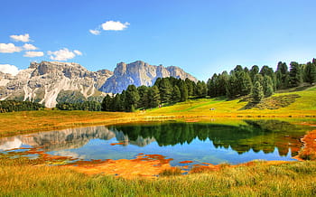 fotografi pemandangan, danau, dikelilingi, pegunungan, tanaman, dolomit, val gardena, alam, lanskap, tyrol selatan, alpine
