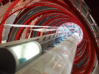 Průhledná, skleněná kapsle, uvnitř, tunel, výtah, schodiště, futuristický, architektura, pohyb, řídit, vzestup