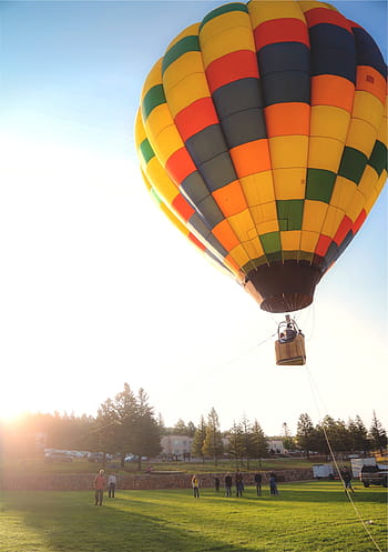 hot, air balloon, mid, yellow, orange, blue, air, balloon, day, light, hot air balloon