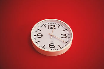 round, white, analog wall clock, 12:20, analog, clock, time, numbers, red, wall, clock face
