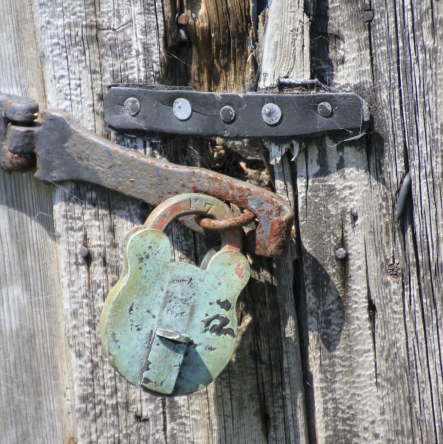 padlock, rustic, wood, lock, rusty, metal, vintage, antique, texture, aged, weathered