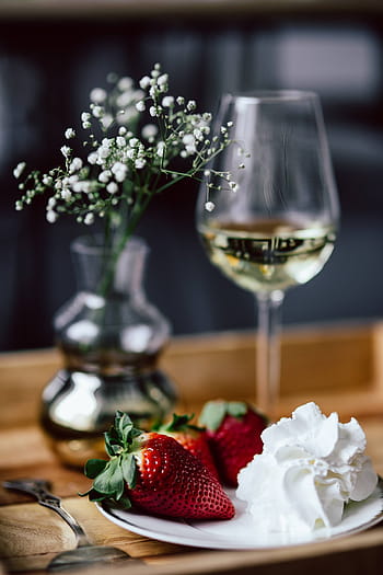 crema, vidrio, blanco, vino, madera, bandeja, fresas, vino blanco, dulce, postre, servicio a la habitación