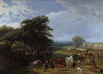 mężczyzna, dziecko, pole, stado, malowanie koni, jacques agasse, sztuka, artystyczny, obraz, olej na płótnie, kunszt