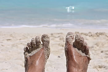 selective, focus photo, person, feet, sand, beach, foot, barefoot, sand beach