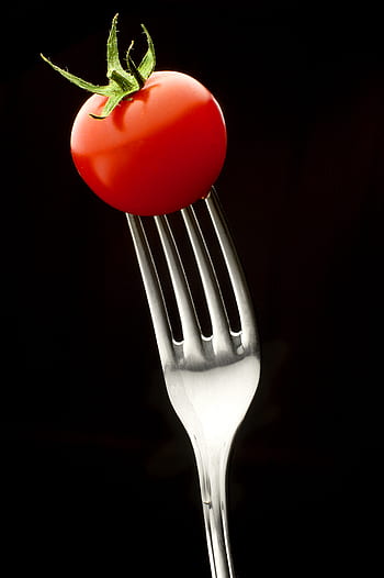 tomato, fork, red, black, background, food, tasteful, tasty, fresh, vegetable, health