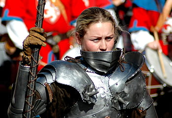 woman, wearing, silver-colored knight armor, holding, spear, stainless steel, knight, armor, warrior, tournament, historical fencing