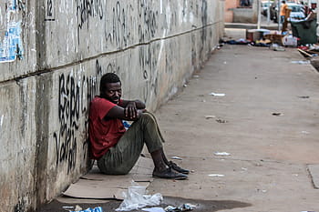 man, wearing, red, top, grey, pants, poverty, poor, black, african, luanda