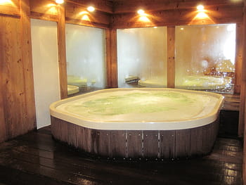 white, hot, tub, brown, wooden, frame, white hot, hot tub, wooden frame, bath, bathtub