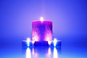 three lighted candles, fire, candles, blue, purple, wax, candle, flame, decoration, celebration, christmas