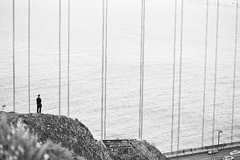 tebing, emas, jembatan gerbang, Manusia, Stand, Edge, Jembatan Golden Gate, sendirian, jembatan, bw, perasaan