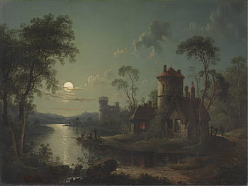 bianca, Marrone, Casa, acqua, pittura ad albero, pether sebastian, case, persone, ruscello, fiume, riflessi