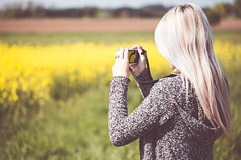 mengambil, Gadis, Foto, Alam, pirang, kamera, bidang, orang, fotografer, ruang untuk teks, wanita