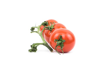 three red tomatoes, tomato, plant, crops, fruit, red, fresh, leaves, green, vegetable, white background