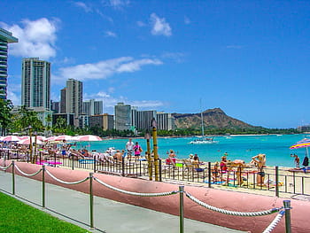 diamond head, oahu, beach, ocean, coast, hawaii, city, honolulu, skyline