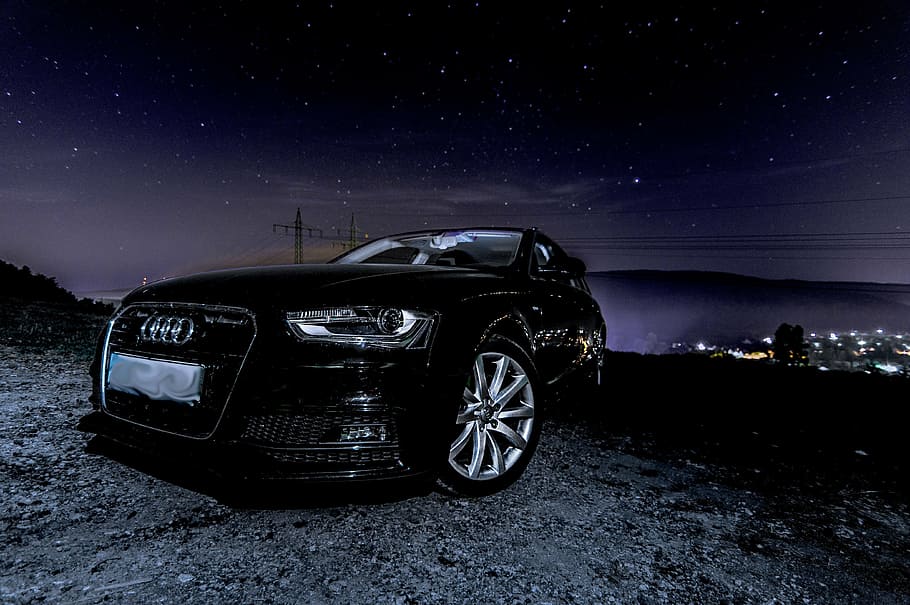 Černá, audi vozidla, polní cesta, měst, v noci, audi, a4, hvězda, venkovní, Příroda, temný