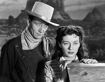 cowboy, standing, woman movie, still, john wayne, gail russell, actor, actress, vintage, western, movies