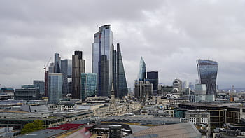 skyline, london, financial district, city, view, skyscrapers, elevated, england, landmark, architecture, uk