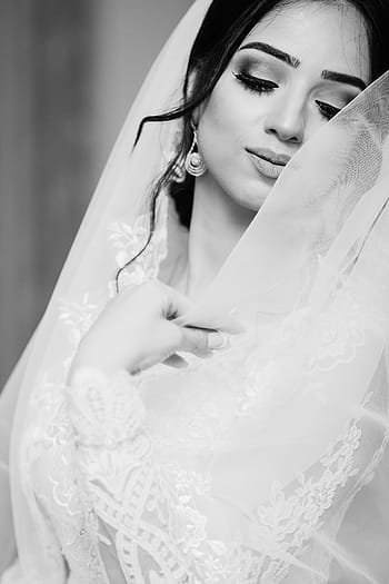 grayscale photograph, woman, wearing, veil, people, girl, bride, white, wedding, gown, dress