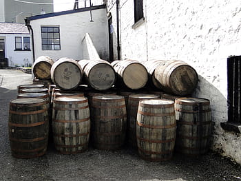 whiskey barrels, wooden barrels, whisky, islay, scotland, barrels, alcohol, hof, backyard, sun