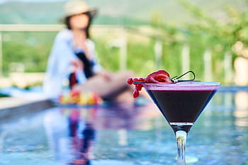 cocktail, the drink, fruit, strawberry, woman, pool, resort, glass, alcohol, beverage, cooling