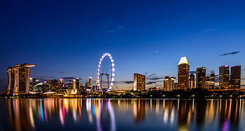 marina sand bay, singapore, london, eye, blue, sky, water, reflection, city, buildings, skyline