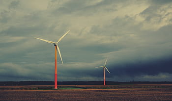 dva, růžové a bílé větrné turbíny, zataženo, nebe, větrné mlýny, otevřeno, pole, mraky, venkovský, větrná turbína, síla větru