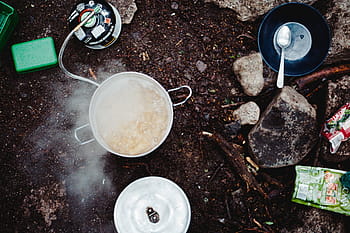 topo, ver fotografia, colher de prata, tigela, comida, cozinhar, ao ar livre, ferver, acampamento, rocha, colher